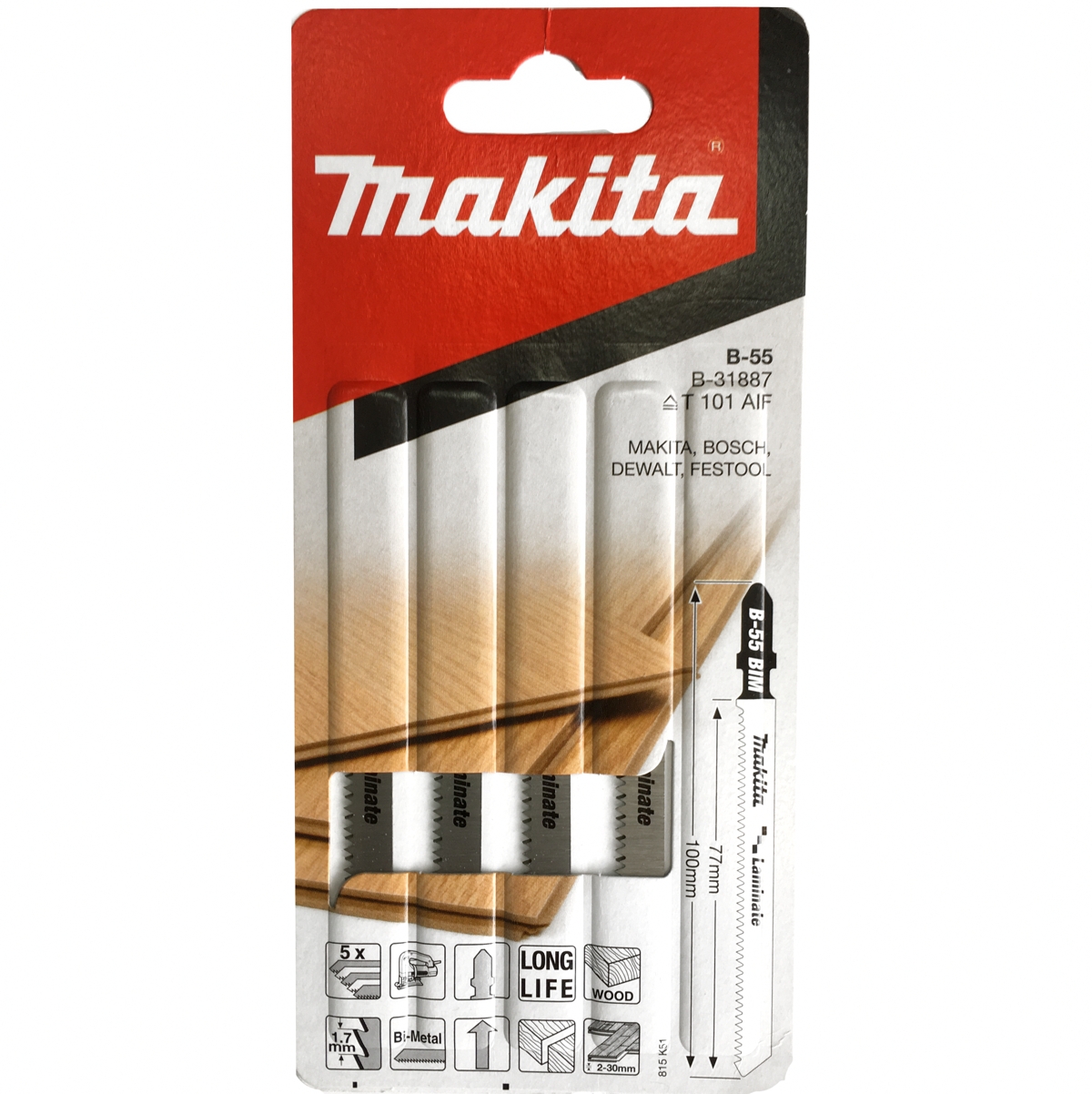 Пилки Makita для лобзика B-31887 ( 5шт, BIM, 100х1,7мм, д/дер,ламината) —  Makita Online